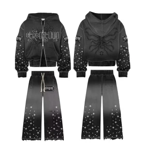 Men Retro Oversized Hoodie Set Customized Acid Wash Zipper Rhinestone Distressed Sports Pants Trendy Athleisure