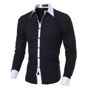 Men Shirt Black White Male Long Sleeve Shirts Casual Solid Multi Button Hit Color Slim Fit Dress Shirts