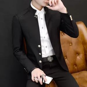 Men Suit Printed Slim Stand Collar Casual Men’s Coat Thin Youth Men’s Costumes Suits