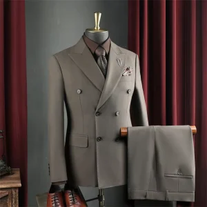 Men Suits 3 Pieces Slim Fit Business Casual Blazer V Neck Zipper Fly Pants Double Breasted Breathable TR Weddings Tuxedo