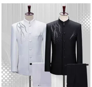 Men Suits Costume High Quality Coat Pant 2 Pieces Set Stand Collar Slim Fit Men’s Suits Costume Homme Luxury Suits for Men
