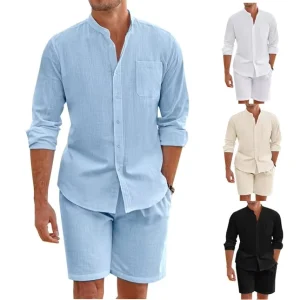 Men Summer 100% Cotton Comfortable Button Long Sleeve Shirt + Shorts Simple 2 Piece Set Casual Beach Wear Men’s Suits