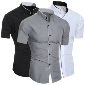 Men Summer Tshirt Casual Fashion Mens Stand Collar Cotton Short-Sleeved Shirt Solid Color Single-Breasted Size XL