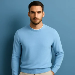 Men Sweater Light Blue Jumper Design Winter Pullover Casual Crew Neck Knitwear Custom Knitted Sweater for Men