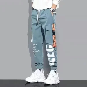 Men Tape Loose Binding Pants Casual Trousers Punching Pants Patchwork Loose Cargo Pants Fashion Style
