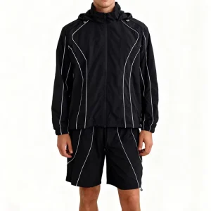 Men Windproof Custom Sport Nylon Windbreaker Jacket Tracksuit Short Set Street Streetwear Retro Vintage Reflective Stripe Piping