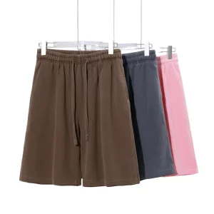 Men Women Casual Shorts High Waist Elastic Waist Loose Fit Lounge Shorts Solid Color Cotton Summer Sports Shorts Washed Quick