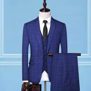 Men’s 1 Button Slim Fit 3 Piece Plaid Suit Set V Neck Business Style Fabric Jacket Vest Pants for Wedding & Dinner Parties