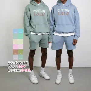 Men’s 100% Cotton 400GSM Solid Spring Sweat Suit Custom Logo Heavyweight 2 Piece Tracksuit Hoodie Shorts Set Streetwear Plus Size