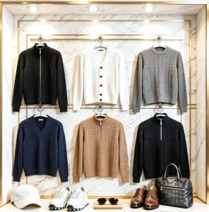 Men’s 100% Cotton Diamond Jacquard Knit Sweater Crew Neck V Neck Cardigan Zip Mock Neck
