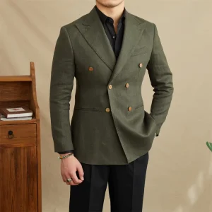 Men’s 100% Linen Slim Fit Double Breasted Blazers V Neck Jacket with Half Lining