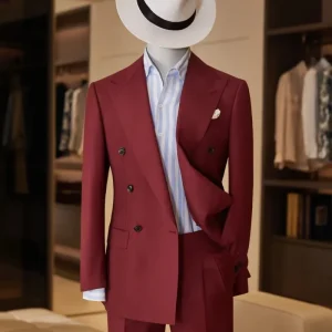 Men’s 100% Wool Burgundy Fabric Suit Blazer Elegant Double Breasted Suit MTM OEM ODM Low MOQ Factory