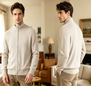 Men’s 100% Wool Turtleneck Two Ways Full Zip Knitted Cardigan Sweater Slim Fit Classic American Style ODM Knitwear for Winter