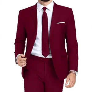 Men’s 2 Piece Burgundy Suit Set Slim Fit One Button Blazer Flat Front Dress Pants Formal Business Wedding Suit