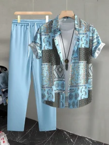Men’s 2 Piece Ethnic Patchwork Print Short Sleeve Shirt and Black Pants Set Casual Vacation Relaxed Fit