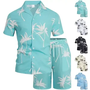 Men’s 2 Piece Hawaiian Outfit Casual Coconut Tree Print Short Sleeve Shirt and Drawstring Shorts Set Summer Beach Wear