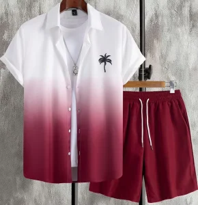 Men’s 2 Piece Outfit Gradient Short Sleeve Shirt and Shorts Set Summer Casual Tracksuit Beach Vacation Streetwear