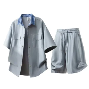 Men’s 2 Piece Outfit Workwear Style Faux Denim Short Sleeve Shirt & Shorts Set Casual Streetwear Tracksuit
