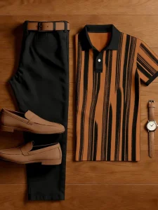 Men’s 2 Piece Striped Short Sleeved Lapel Shirt and Pants Set Summer Business Casual