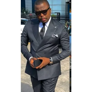 Men’s 2 Piece Suit Jacket Pants Peaked Lapel Blazer Set Wedding Birthday Cocktail Party Tuxedo Grey Double Breasted Man Suits