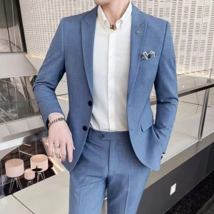 Men’s 2 Pieces Set Leisure Blazer Suits Gray Blue Black Slim Fit Men Formal Business Dress Suit Plus Size 4XL Costume Homme