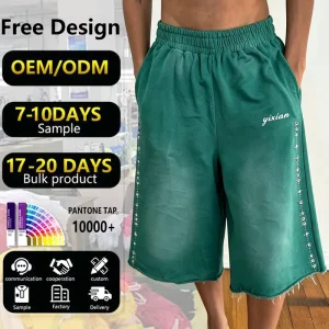 Men’s 3/4 Shorts Acid Wash Green French Terry Bermuda Sweat Shorts Side Rhinestone Shorts De Hombre