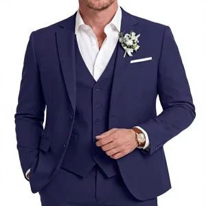 Men’s 3 Piece Beaded Zipper Closure Linen Business Suits Casual Lightweight Blazer Vest Pants Set for Wedding Prom