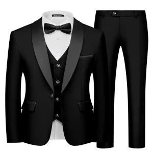 Men’s 3 Piece Single Breasted Slim Fit Tuxedo Suit Set One Button Shawl Lapel Blazer Jacket Vest Pants Prom Business
