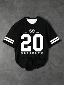 Men’s 3D Casual Crew Neck Short Sleeve T Shirt Brooklyn Word Print 20 Number Design Soft Breathable Polyester Printing