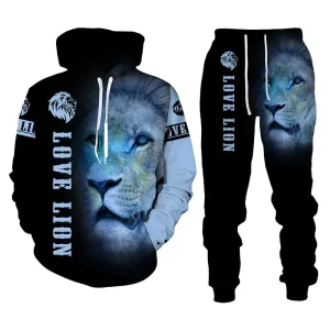 Men’s 3D Lion Print Tracksuit Set Hoodie & Jogger Pants Casual Streetwear Sweatsuit for Hip Hop & Daily Wear