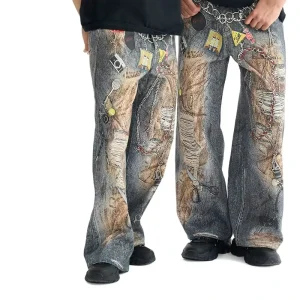 Men’s 3D-Printed Mid Waist Medium Wash Spring Casual Straight-leg 100% Cotton Heavyweight Denim Jeans