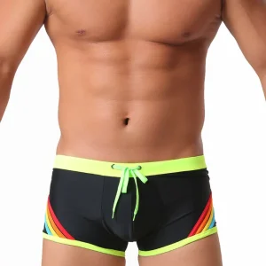 Men’s 3D Rainbow Stripe Sexy Sporty Fitness Boxer Shorts Drawstring Swim Trunks
