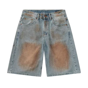 Men’s 5 Inch Loose Straight Denim Shorts Non-Stretch Vintage Washed Distressed Dirty Wash Casual Streetwear Jean Shorts