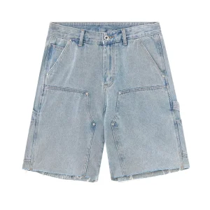 Men’s 6 Inch Loose Carpenter Denim Shorts Non Stretch Vintage Washed Raw Hem Casual Streetwear Jean Shorts