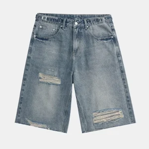 Men’s 6 Inch Loose Wide Leg Denim Shorts Non Stretch Vintage Light Wash Heavy Ripped Raw Hem Casual Streetwear Jean Shorts