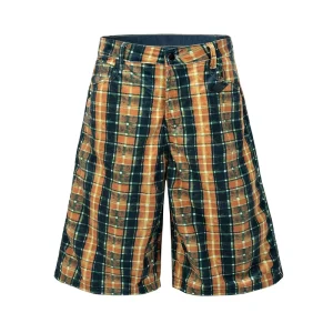 Men’s 7 Inch Loose Plaid Denim Shorts Non Stretch Vintage Washed Distressed Embroidered Casual Streetwear Tartan Jean Shorts