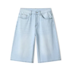 Men’s 7 Inch Loose Wide Leg Denim Shorts Non Stretch Light Blue Vintage Washed Simple Distressed Casual Streetwear Jean Shorts