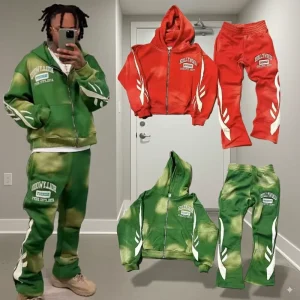 Men’s Acid Wash Cotton Tracksuit Set Heavyweight Zip Hoodie & Flared Sweatpants Patch Embroidery Streetwear Outfit