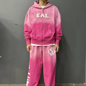 Men’s Acid Washed Gradient Color Hoodie & Sweatpants Set Spring Hip Hop Print Cotton Zipper-up Hoodie Set