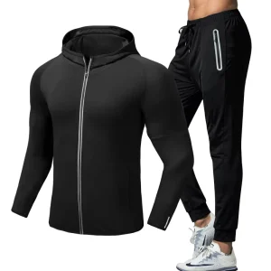 Men’s Active Wear Two Piece Quick Dry Running Jacket Set Sportswear with Solid Pattern Eco Friendly