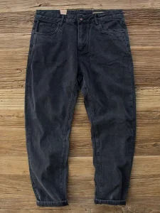 Men’s American Style Black Heavyweight Khaki Vintage Stone Washed Straight Leg Loose Fit Selvedge Denim Jeans