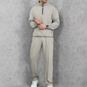 Men’s Athleisure Tracksuit Half Zip Pullover Elastic Cuff Pants Slim Fitness Casual Outfit for Daily Gym