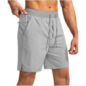 Mens Athletic Wear 7 Inch Shorts With Zipper Pockets Polyester Spandex Lightweight Running Shorts