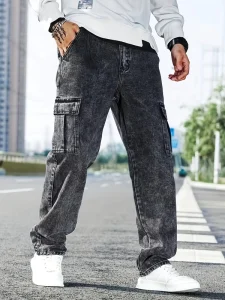 Men’s Autumn Casual Hip Hop Solid Straight Jeans Mid Waist Light Wash Breathable Quick Dry Eco Friendly Cotton Denim Pockets