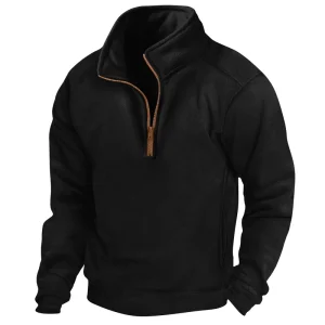 Men’s Autumn Sportswear Polar Fleece Pullover Sweatshirt Stand Collar Quarter Zip Solid Pattern Plain 100% Polyester