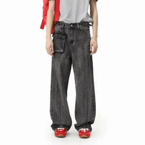Men’s Autumn Straight Leg Jeans Mid Waist Design Small Pocket Detail Polyester Cotton Blend Medium Versatile