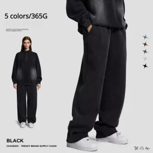 Men’s Autumn Winter Casual Pants American Vintage Loose Wide Leg Flannel Long Trousers