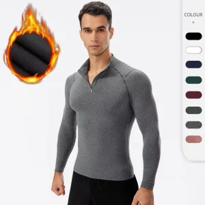 Men’s Autumn Winter Fleece-lined Fitness Clothes High Elastic Slim Fit Sports Running Training Long-sleeved Warm Stand Collar