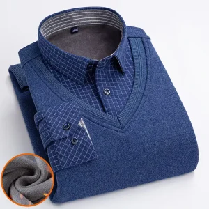 Men’s Autumn Winter Warm Fleece Thickened Sweater Shirt False Two-piece Top Lapel Casual Long-sleeved Knitted Shirt