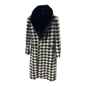 Men’s Autumn and Winter Long Over-the-knee Casual Black and White Checkered Bird Fox Fur Wool Coat
